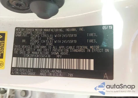 2019 Toyota Highlander Se from USA, damaged, VIN 5TDKZRFH3KS565438